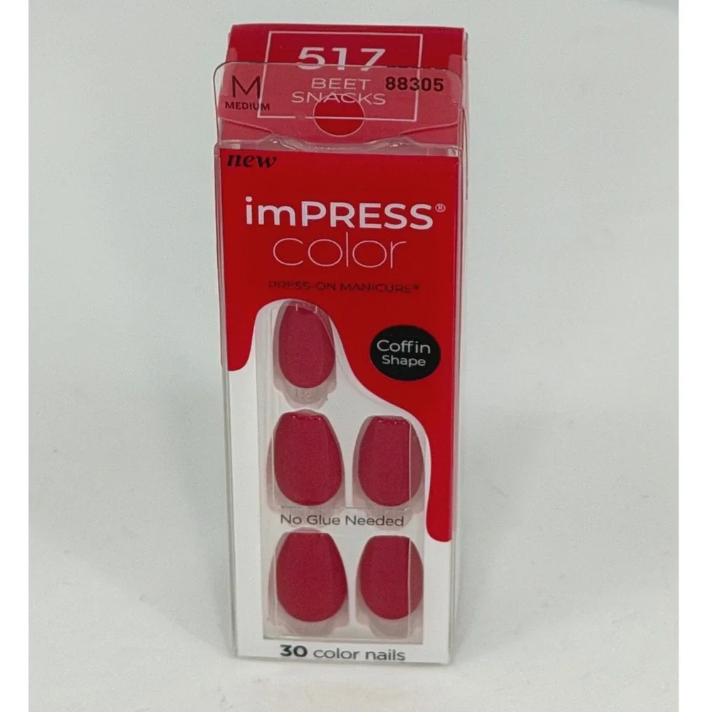 imPRESS Color Red‎ 517 Medium Coffin Shape Press On Nails 30 Count 97-25